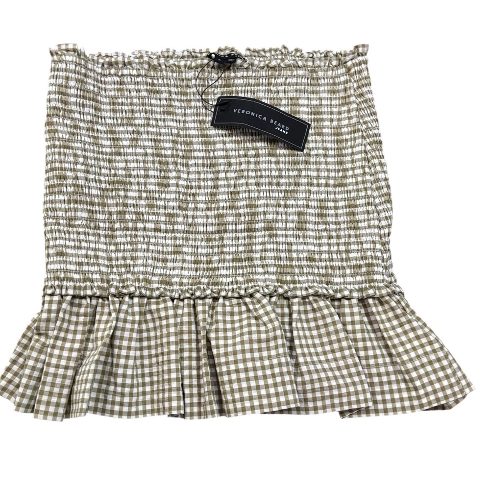 Veronica Beard Gingham Smocked Ruffle Mini Skirt Cute Trendy Casual Olive Green